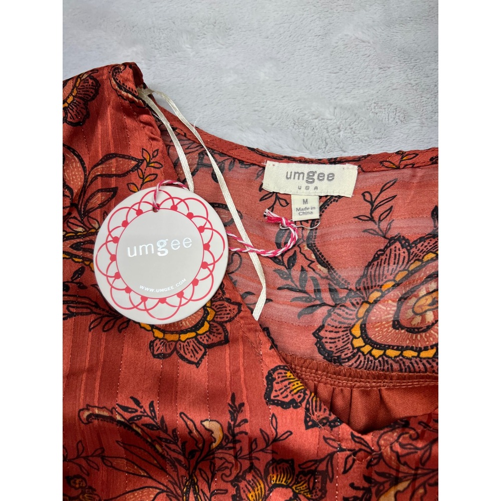 Umgee Womens Dress Medium Rust Orange Paisley Metallic Boho Bell Sleeve - Picture 2 of 12
